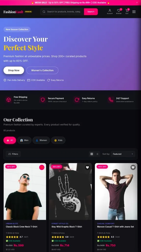 Fashion Vault - Ultra budget e-commerce platform with 3000+ products and dark glassmorphism UI